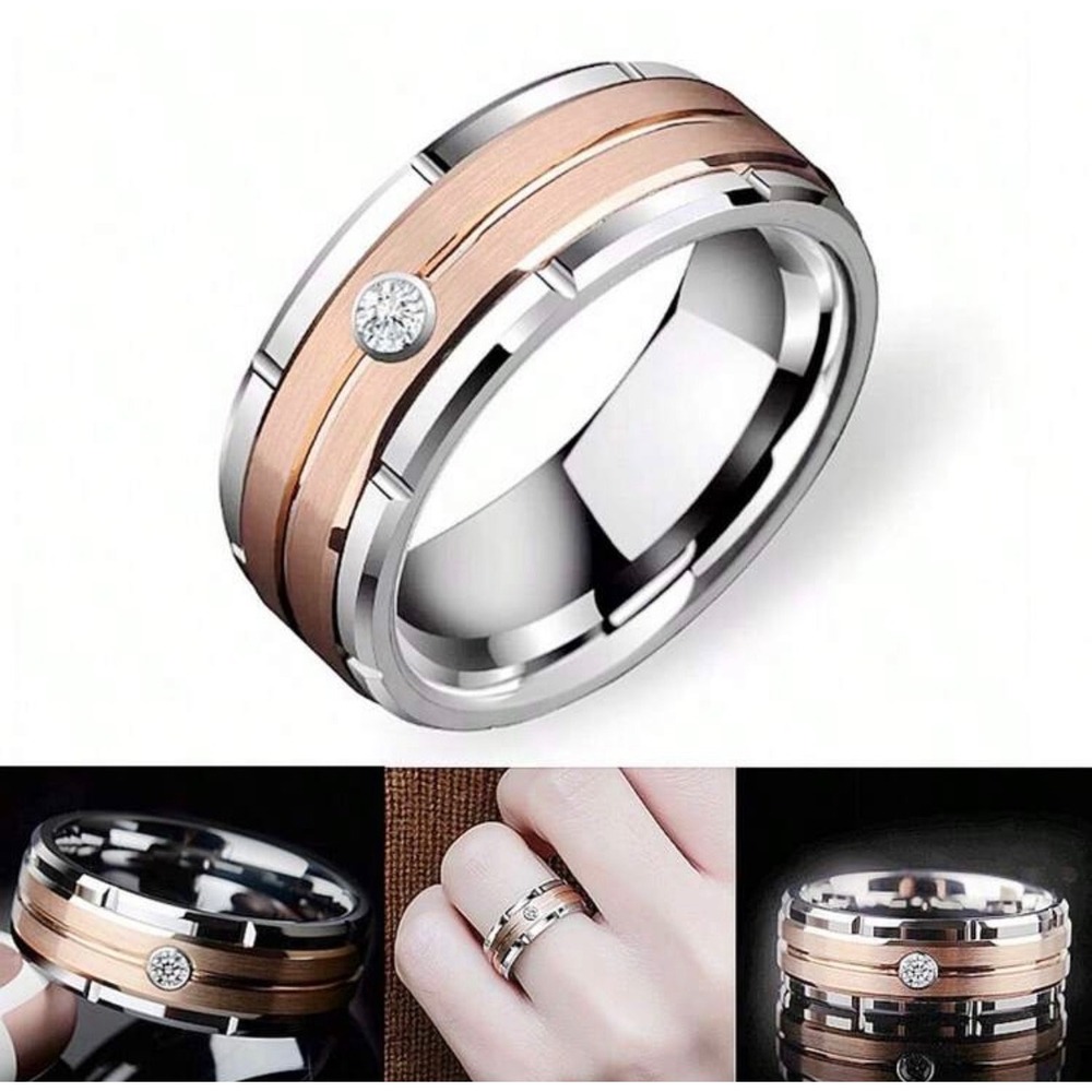 Mens Two Tone Stainless Steel Ring Rose Gold Silver Band‎ Cubic Zirconia Wedding